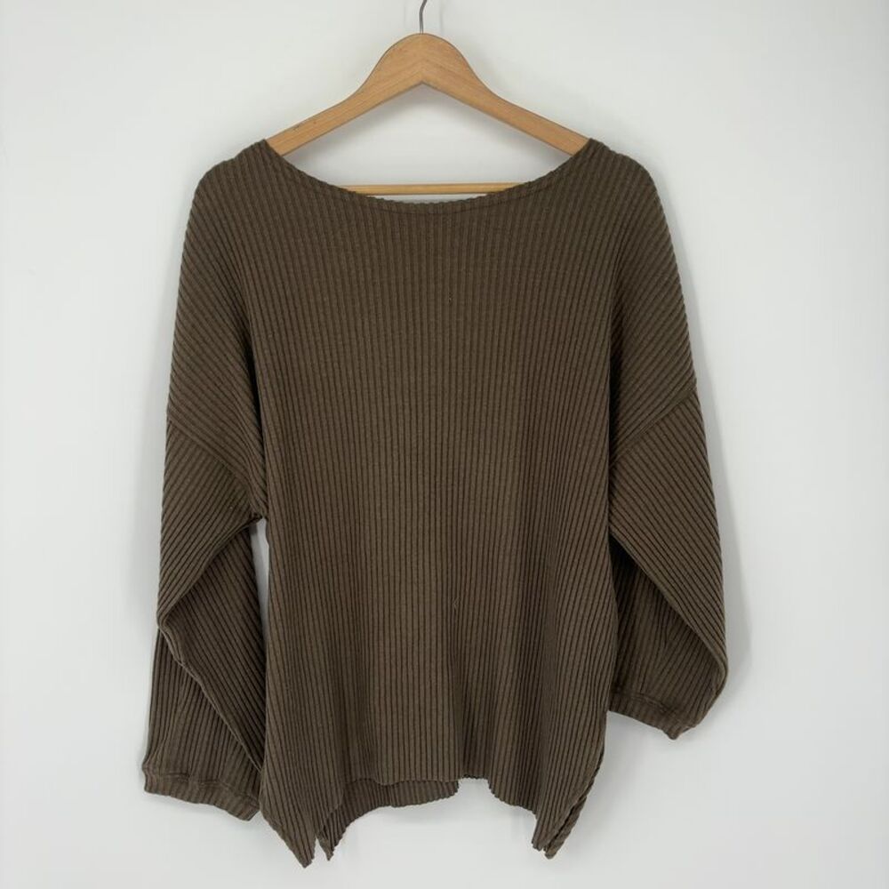 Joah Brown Off shoulder tunic rib knit army luxe knit top long sleeve shirt